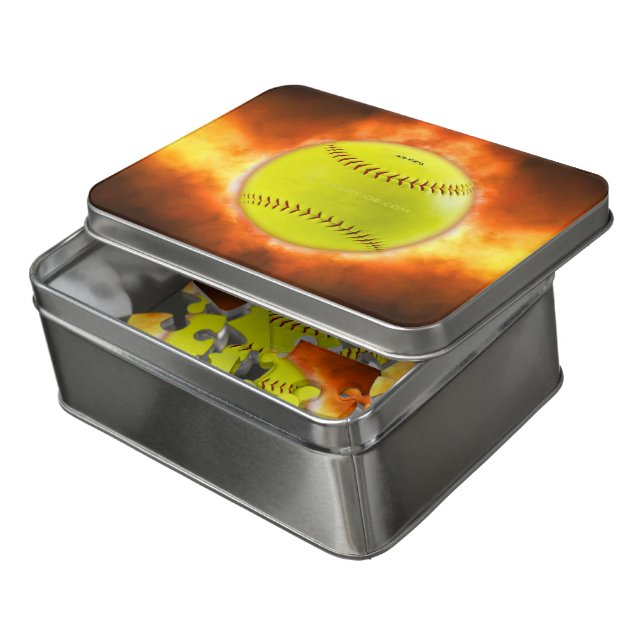 SlipperyJoe's yellow softball fireball flames rasp Jigsaw Puzzle (Lid Open)