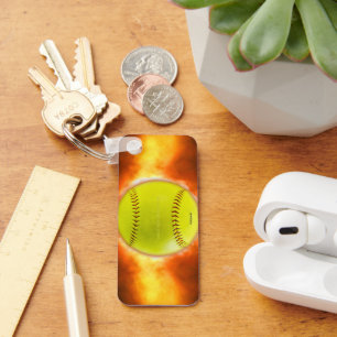 SlipperyJoe's yellow softball fireball flames rasp Keychain