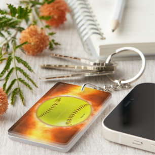 SlipperyJoe's yellow softball fireball flames rasp Keychain
