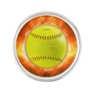 SlipperyJoe's yellow softball fireball flames rasp Lapel Pin