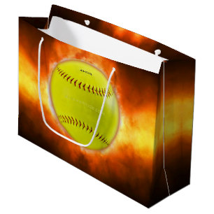 SlipperyJoe's yellow softball fireball flames rasp Large Gift Bag