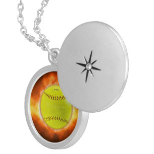 SlipperyJoe's yellow softball fireball flames rasp Locket Necklace