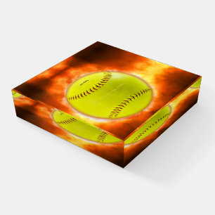 SlipperyJoe's yellow softball fireball flames rasp Paperweight