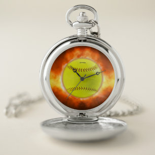 SlipperyJoe's yellow softball fireball flames rasp Pocket Watch