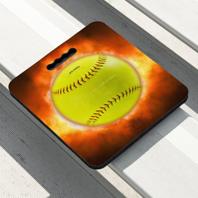 SlipperyJoe's yellow softball fireball flames rasp Seat Cushion (In Situ)