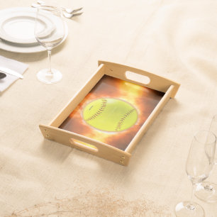 SlipperyJoe's yellow softball fireball flames rasp Serving Tray