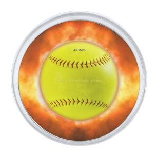 SlipperyJoe's yellow softball fireball flames rasp Silver Finish Lapel Pin