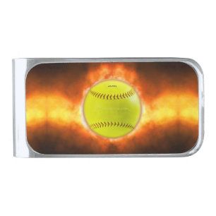 SlipperyJoe's yellow softball fireball flames rasp Silver Finish Money Clip