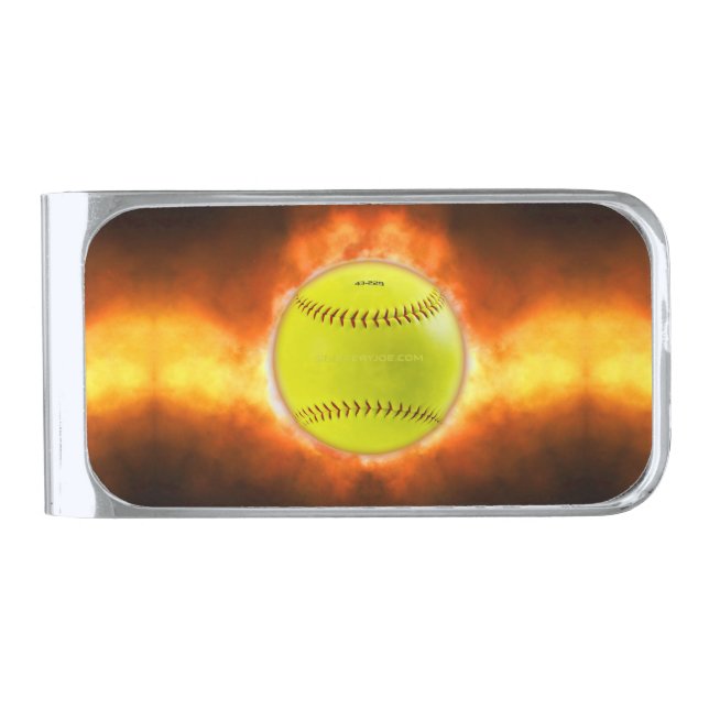 SlipperyJoe's yellow softball fireball flames rasp Silver Finish Money Clip (Front)