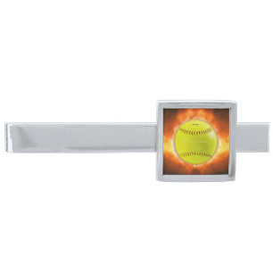 SlipperyJoe's yellow softball fireball flames rasp Silver Finish Tie Bar