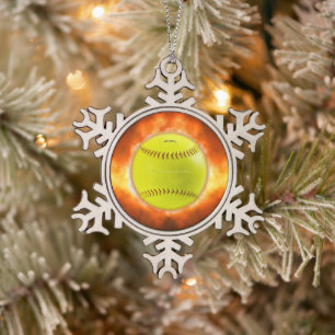 SlipperyJoe's yellow softball fireball flames rasp Snowflake Pewter Christmas Ornament
