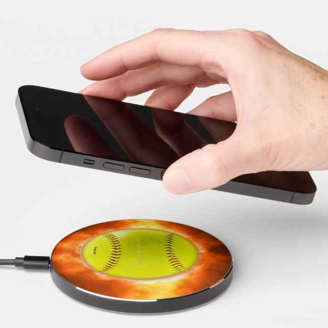 SlipperyJoe's yellow softball fireball flames rasp Wireless Charger (Hand)