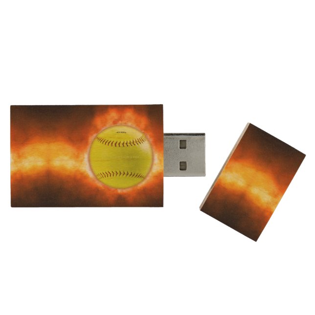 SlipperyJoe's yellow softball fireball flames rasp Wood Flash Drive (Opened)