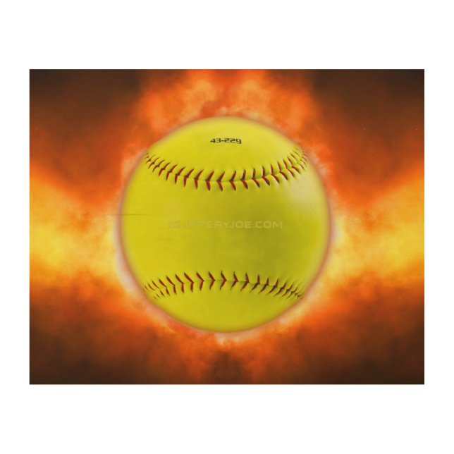 SlipperyJoe's yellow softball fireball flames rasp Wood Wall Art (Front)
