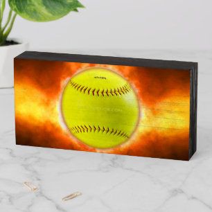 SlipperyJoe's yellow softball fireball flames rasp Wooden Box Sign