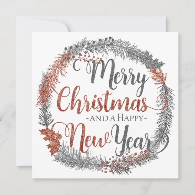 Sliver and Copper Christmas Wreath Flat Christmas Holiday Card (Front)