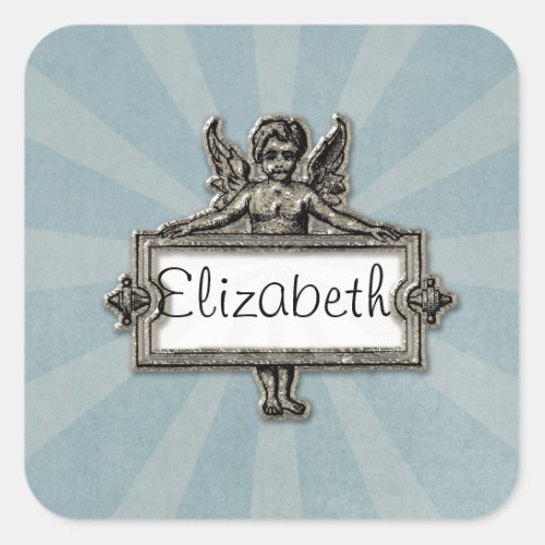 Sliver Angel Name Plate Blue Starburst Square Sticker