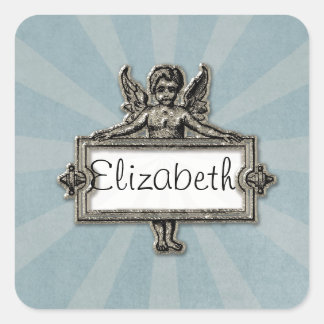 Sliver Angel Name Plate Blue Starburst Square Sticker