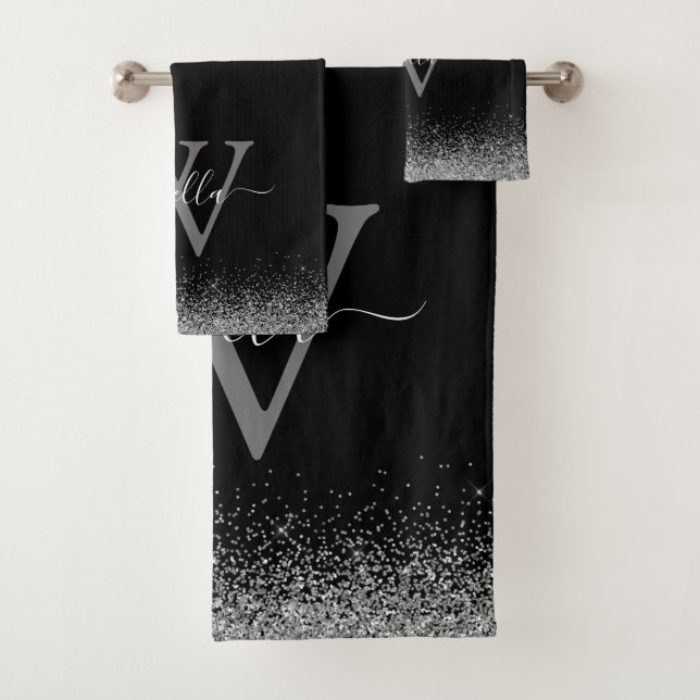 Sliver Black Glitter Elegant Script Name Bath Towel Set (Insitu)