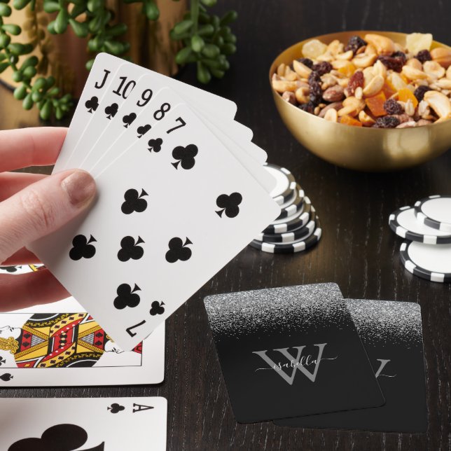 Sliver Black Glitter Elegant Script Name Poker Cards (In Situ)