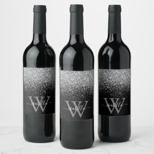 Sliver Black Glitter Elegant Script Name Wine Label