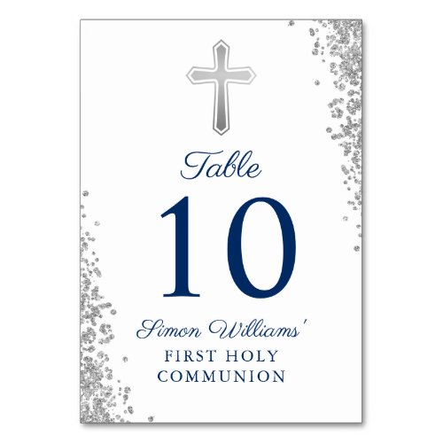 Sliver Cross Glitter Navy Blue First Communion Table Number