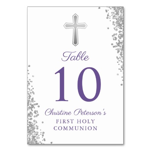 Sliver Cross Glitter Purple First Holy Communion Table Number