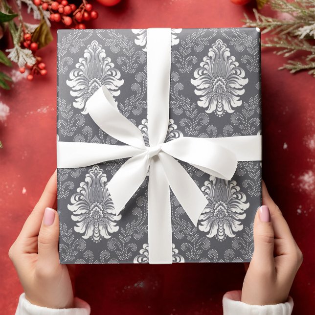 Sliver Floral Damask Seamless Gray Flower Pattern Wrapping Paper (Creator Uploaded)