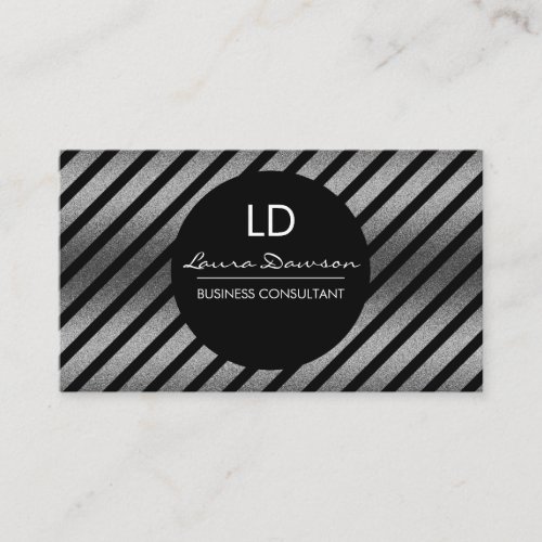 Sliver Glamour Monogram Circle and Stripes Business Card