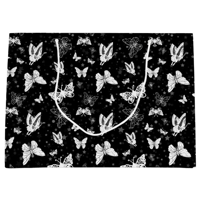 Sliver Glitter Butterfly Black Design  Large Gift Bag (Front)