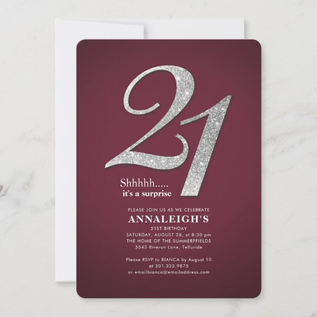 Sliver Glitter Glam Burgundy 21st Birthday Invitation (Front)