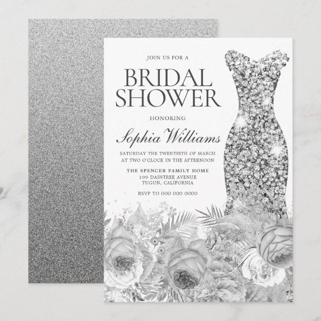 Sliver Gray Sparkle Dress & Floral Bridal Shower Invitation (Front/Back)