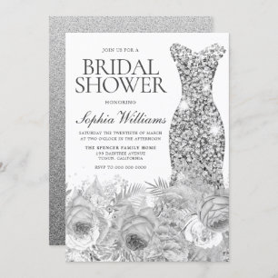 Sliver Gray Sparkle Dress & Floral Bridal Shower Invitation