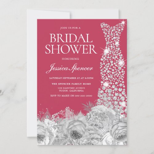 Sliver Gray Sparkle Dress Magenta Bridal Shower Invitation