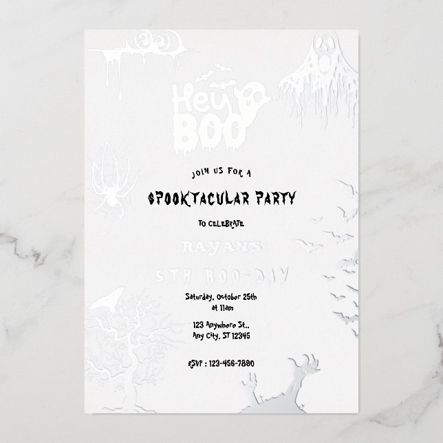 Sliver Spooky Hey Boo Kids Halloween Birthday  Foil Invitation (Front)