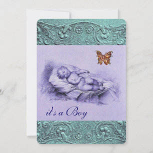 SLLEPING CHILD WITH BUTTERFLY BLUE BOY BABY SHOWER INVITATION