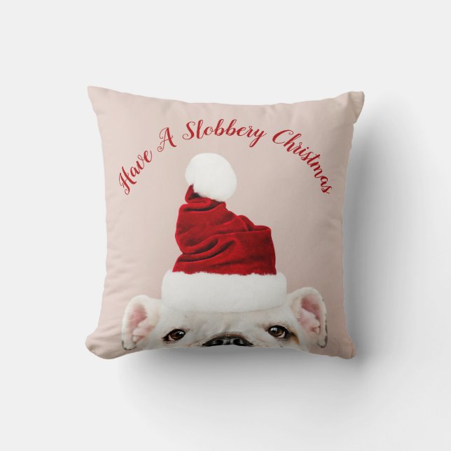 Slobbery Bulldog Christmas Dog with Santa Hat Throw Pillow (Front)