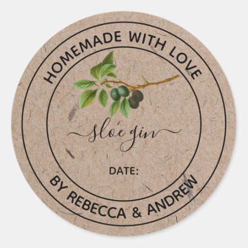 Sloe Gin Kraft Colour Homemade with Love Classic Round Sticker