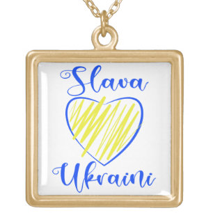 Slogan Slava Ukraini Glory to Ukraine heart Gold Plated Necklace