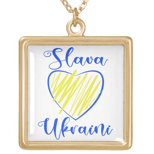 Slogan Slava Ukraini Glory to Ukraine heart  Gold Plated Necklace (Front)