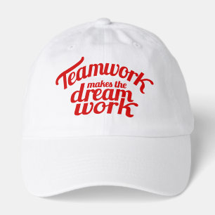Slogan teamwork makes the dream work red text hat