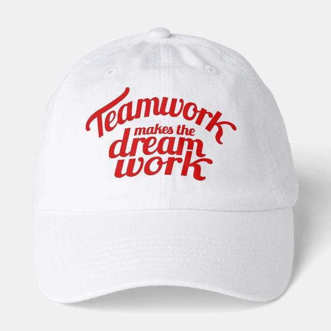 Slogan teamwork makes the dream work red text hat (Front)