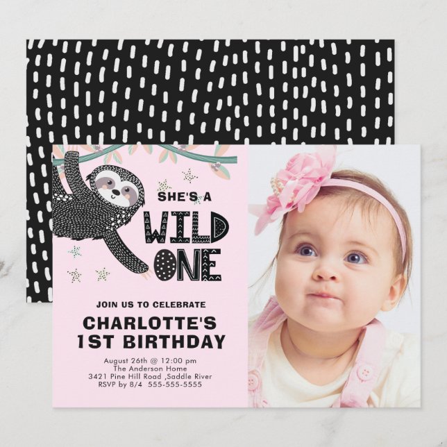Sloth 1st Birthday Photo Birthday Invitation (Front/Back)