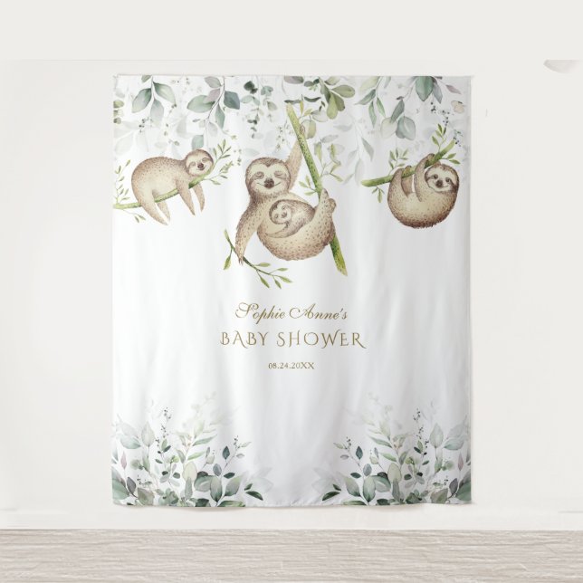 Sloth Airy Greenery Baby Shower Photo Booth Prop Tapestry (Front)