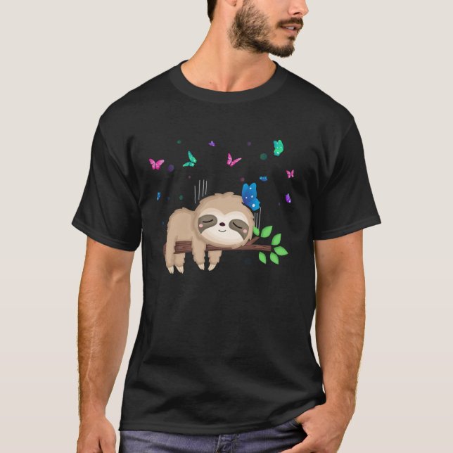 Sloth and Butterflies Cute Wildlife Nature T-Shirt (Front)