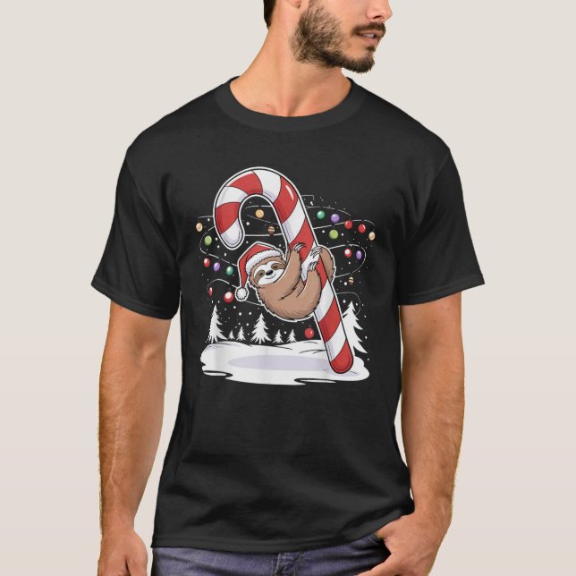 Sloth and Giant Candy Cane Christmas Pajama for Sl T-Shirt (Front)