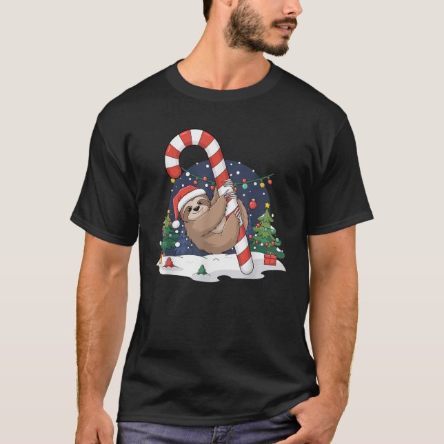 Sloth and Giant Candy Cane Christmas Pajama for Sl T-Shirt (Front)