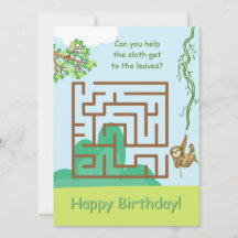 Sloth and leaves, maze puzzle birthday cards