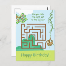 Sloth and leaves, maze puzzle birthday postcards