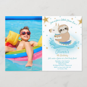 Sloth and Llama Pool Party Birthday Boy Photo Invitation